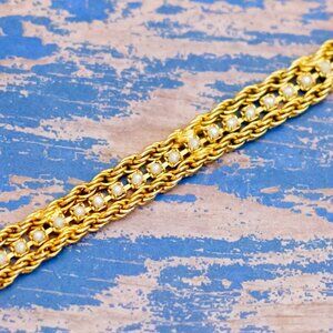 7 inch, Vintage Double Rope Chain Clear Rhinestones Bracelet by USA - L34